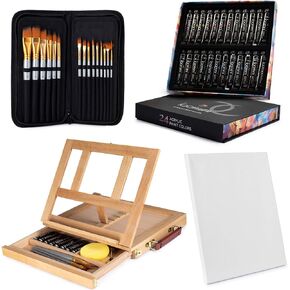 لووميني مجموعة طلاء اكريليك للبالغين والاطفال، تتضمن حامل سطح الطاولة، قماش وفرش. 24 لون طلاء اكريليك، 15 فرشاة، 1 حامل، 1 قماش | مجموعة رسم للبالغين in Kuwait