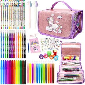 مجموعة أقلام تحديد معطرة بالفواكه مكونة من 63 قطعة مع مقلمة يونيكورن، لوازم فنية يونيكورن للأطفال تتضمن أقلام قابلة للغسل، ملصقات، طوابع، كتاب تلوين، هدايا يونيكورن للفتيات بعمر 4 5 6 7 8 سنوات in Kuwait