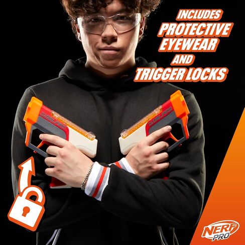 مجموعة NERF Pro Gelfire Dual Wield Pack، 2 مسدسات، إطلاق نار بدون برايم، 5000 طلقة جل فاير، 2 × 100 قادوس دائري متكامل، نظارتان، للأعمار من 14 عامًا فما فوق in Saudi Arabia