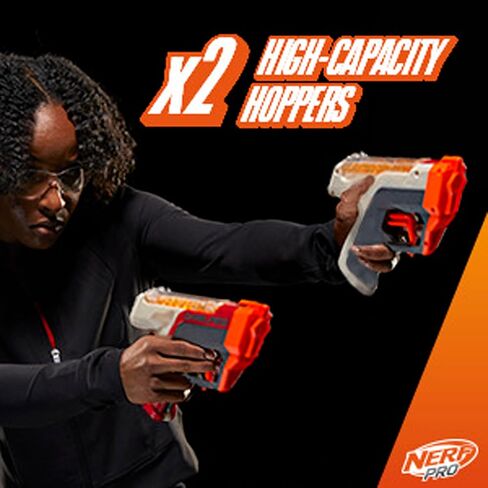 مجموعة NERF Pro Gelfire Dual Wield Pack، 2 مسدسات، إطلاق نار بدون برايم، 5000 طلقة جل فاير، 2 × 100 قادوس دائري متكامل، نظارتان، للأعمار من 14 عامًا فما فوق in Saudi Arabia