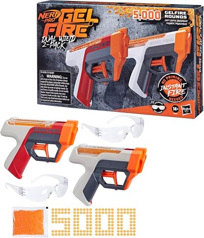مجموعة NERF Pro Gelfire Dual Wield Pack، 2 مسدسات، إطلاق نار بدون برايم، 5000 طلقة جل فاير، 2 × 100 قادوس دائري متكامل، نظارتان، للأعمار من 14 عامًا فما فوق in Saudi Arabia