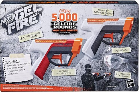 مجموعة NERF Pro Gelfire Dual Wield Pack، 2 مسدسات، إطلاق نار بدون برايم، 5000 طلقة جل فاير، 2 × 100 قادوس دائري متكامل، نظارتان، للأعمار من 14 عامًا فما فوق in Saudi Arabia