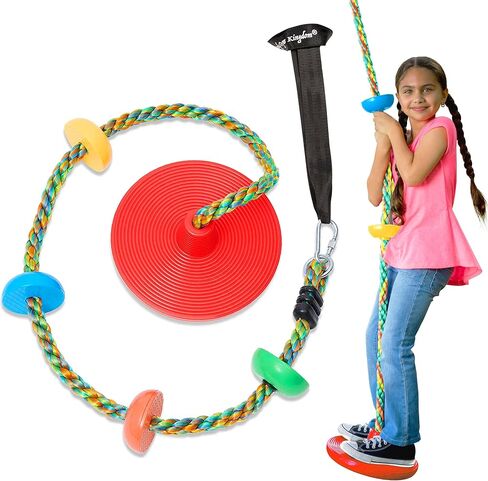 Jungle Gym Kingdom Tree Swing for Kids - Single Disc Seat and Rainbow Climbing Rope Set w/Carabiner and 4 Foot Strap - Treehouse and Outdoor Playground Accessories - Red in Saudi Arabia