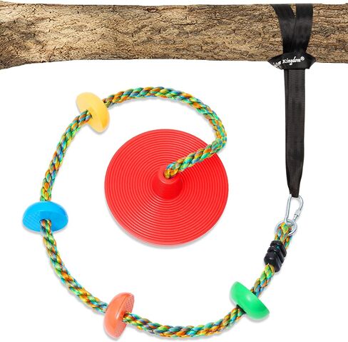 Jungle Gym Kingdom Tree Swing for Kids - Single Disc Seat and Rainbow Climbing Rope Set w/Carabiner and 4 Foot Strap - Treehouse and Outdoor Playground Accessories - Red in Saudi Arabia