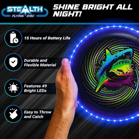 قرص الطيران LED Stealth من USA Toyz - قرص مضيء للبالغين والأطفال، 49 مصباح LED يتوهج في القرص الداكن، 2 شريط ذراع LED، مجموعة ألعاب الجولف الرياضية النهائية في الهواء الطلق، قرص تحوم متوهج مقاوم للماء (وردي/أرجواني) in Kuwait