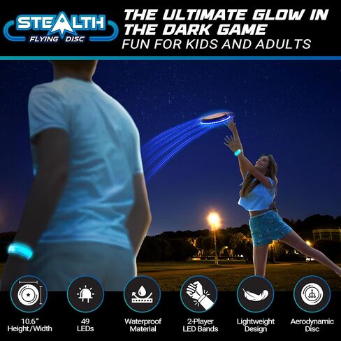 قرص الطيران LED Stealth من USA Toyz - قرص مضيء للبالغين والأطفال، 49 مصباح LED يتوهج في القرص الداكن، 2 شريط ذراع LED، مجموعة ألعاب الجولف الرياضية النهائية في الهواء الطلق، قرص تحوم متوهج مقاوم للماء (وردي/أرجواني) in Kuwait
