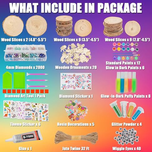 طقم الحرف الخشبية من ftbox، هدايا عيد الميلاد للفنون والحرف اليدوية المتوهجة في الظلام للأولاد والبنات من عمر 4 إلى 12 عامًا، حرفة شرائح خشبية مع مجموعات طلاء ماسية، ألعاب فنية إبداعية لعمر 6 7 8 9 10 11 12 عامًا in Kuwait
