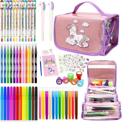 مجموعة أقلام تحديد معطرة بالفواكه مكونة من 63 قطعة مع مقلمة يونيكورن، لوازم فنية يونيكورن للأطفال تتضمن أقلام قابلة للغسل، ملصقات، طوابع، كتاب تلوين، هدايا يونيكورن للفتيات بعمر 4 5 6 7 8 سنوات in Kuwait