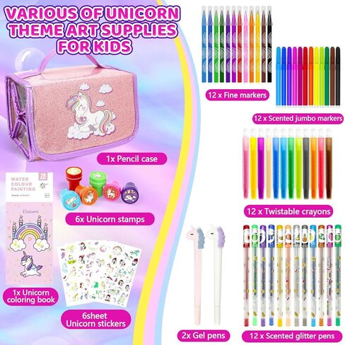 مجموعة أقلام تحديد معطرة بالفواكه مكونة من 63 قطعة مع مقلمة يونيكورن، لوازم فنية يونيكورن للأطفال تتضمن أقلام قابلة للغسل، ملصقات، طوابع، كتاب تلوين، هدايا يونيكورن للفتيات بعمر 4 5 6 7 8 سنوات in Kuwait
