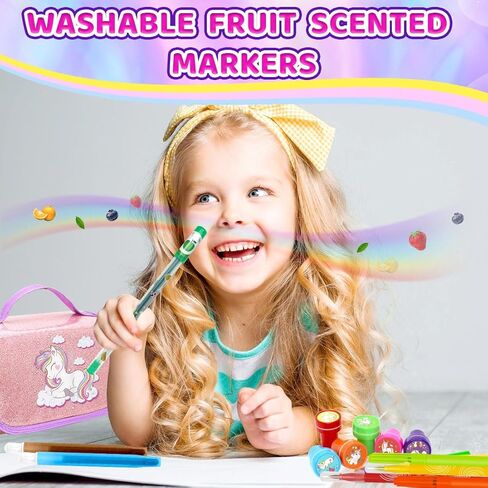 مجموعة أقلام تحديد معطرة بالفواكه مكونة من 63 قطعة مع مقلمة يونيكورن، لوازم فنية يونيكورن للأطفال تتضمن أقلام قابلة للغسل، ملصقات، طوابع، كتاب تلوين، هدايا يونيكورن للفتيات بعمر 4 5 6 7 8 سنوات in Kuwait