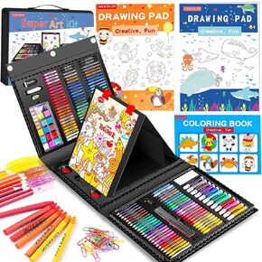 Soucolor Easter Gifts for Kids Teens Girls Boys Ages 4, 6, 8, 10, 12, 283 Pieces Drawing Set Art Kits with Trifold Easel, 2 Drawing Pads, 1 Kids Activity Coloring Book, Crayons, Pastels, Watercolor