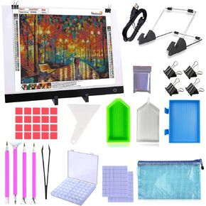 LIRUNQIU 59 Pcs Diamond Painting A4 LED Light Pad Kit, 5D Diamond Painting Accessories Tool Kit Full Drill for Adults and Kids, Supplies Includes Storage Case, Pens,Stand,Pad Board and More
