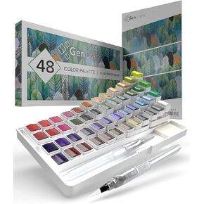 GenCrafts Watercolor Palette with Paper Pad 24 Premium Colors - 2 Refilable Water Brush Pens - 15 Sheets of Water Color Paper - Portable Painting in Kuwait