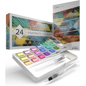 GenCrafts Watercolor Palette with Paper Pad 24 Premium Colors - 2 Refilable Water Brush Pens - 15 Sheets of Water Color Paper - Portable Painting