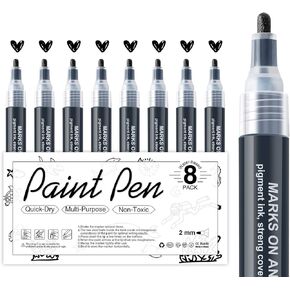 AKARUED Black Acrylic Paint Markers: 8 Pack Black Paint pen, Acrylic Black Paint Marker for Rock Painting, Stone, Wood, Glass, Metallic, Ceramic, Graffiti, Paper, Drawing, Water-Based Paint pens Sets