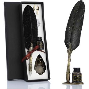 VANGOAL Vintage Green Feather Pen and Ink Set, Classic Series Goose Quill Pen with Carving Pen Stand, Calligraphy Pen Nibs, Black Dip Pen Ink, Antique Writing Gift for Writer