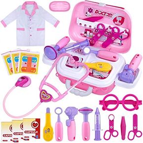 GINMIC Kids Doctor Play Kit, 22 Pieces Pretend Play Doctor Set with Halloween Role Play Doctor Costume and Carry Case for Toddlers and Kids, Medical Dr Kit Toys for Girl Age 3 4 5 6 7 Year Old