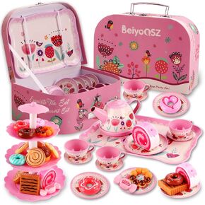 Tea Party Set for Little Girls, Princess Tea Time Toy with Food Sweet Treats Playset Carrying Case, Tea Set Birthday Gift Toys for 3 4 5 6 7 8 Year Old Girls Todler in Kuwait