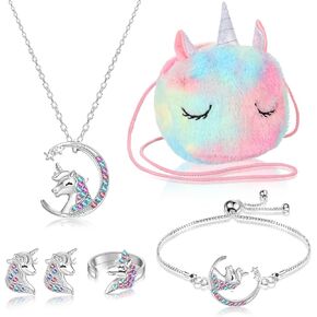 مجموعة شنط بتصميم يونيكورن للبنات الصغيرات من 5 قطع، مجموعة هدايا كروس للحفلات التنكرية وهدايا اعياد الميلاد والمجوهرات واللعب التظاهري واكسسوارات عيد الميلاد، للبنات، مقاس واحد، خليط معدني، قطيفة, in Kuwait