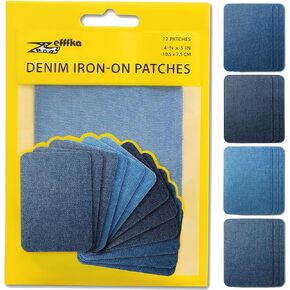 ZEFFFKA Premium Quality Denim Iron-on Jean Patches Inside & Outside Strongest Glue 100% Cotton Assorted Shades of Blue Repair Decorating Kit 12 Pieces Size 3" by 4-1/4" (7.5 cm x 10.5 cm)
