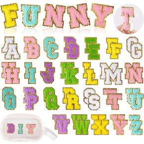 رقع حروف من الشنيل ذاتية اللصق 52 قطعة من الألف إلى الياء مع حقيبة تخزين بيضاء بحواف ذهبية لامعة حديد على الحروف أولية ملونة مخصصة مطرزة لملابس حقائب الظهر للهاتف المحمول بنفسك in Kuwait
