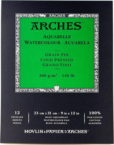 Arches Watercolor Pad 9x12-inch Natural White 100% Cotton Paper - 12 Sheet Arches Watercolor Paper 140 lb Cold Press Pad - Arches Art Paper for Watercolor Gouache Ink Acrylic and More in Saudi Arabia