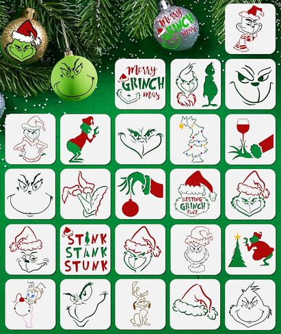 24PCS Small Grinchs Christmas Stencils for Painting,3x3Inch Reusable Christmas Stencils for Making Christmas Ornaments/Wood Slice/Holiday Cards in Kuwait