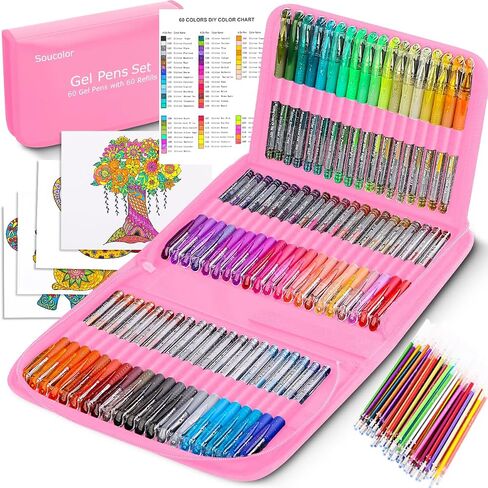 Soucolor 120 Pack Gel Pen 60 Glitter & 60 Refillss for Adult Coloring Books in Kuwait
