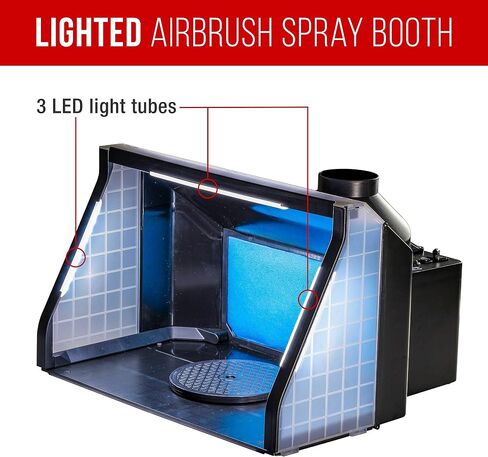كشك رش البخاخة هوبي المحمول المضاء بمروحة مزدوجة كبيرة جدًا من Master Airbrush مع إضاءة LED لطلاء جميع الأعمال الفنية والكعك والحرف اليدوية والهوايات والأظافر والقمصان والمزيد. يتضمن خرطوم عادم بطول 6 أقدام in Saudi Arabia