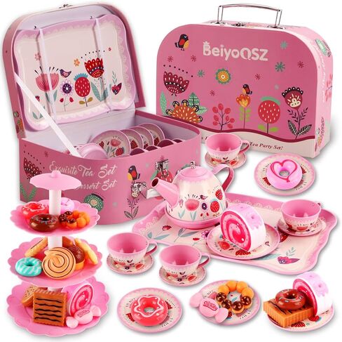 Tea Party Set for Little Girls, Princess Tea Time Toy with Food Sweet Treats Playset Carrying Case, Tea Set Birthday Gift Toys for 3 4 5 6 7 8 Year Old Girls Todler in Kuwait