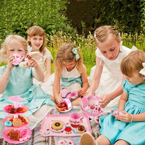 Tea Party Set for Little Girls, Princess Tea Time Toy with Food Sweet Treats Playset Carrying Case, Tea Set Birthday Gift Toys for 3 4 5 6 7 8 Year Old Girls Todler in Kuwait