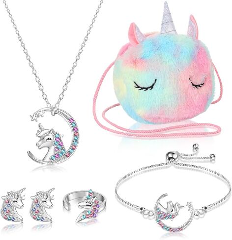 مجموعة شنط بتصميم يونيكورن للبنات الصغيرات من 5 قطع، مجموعة هدايا كروس للحفلات التنكرية وهدايا اعياد الميلاد والمجوهرات واللعب التظاهري واكسسوارات عيد الميلاد، للبنات، مقاس واحد، خليط معدني، قطيفة, in Kuwait