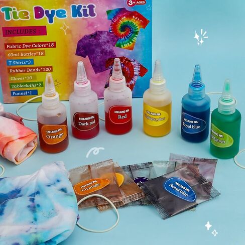 طقم صبغة ربطة عنق من ميلاند مع 3 قمصان بيضاء، 18 لونًا من القماش DIY صبغ للملابس والفنون والحرف اليدوية للأطفال الفتيات من سن 8 إلى 12 عامًا، هدية عيد ميلاد للفتيات 4,5,6,7,8,9, 10،11،12 سنة in Kuwait