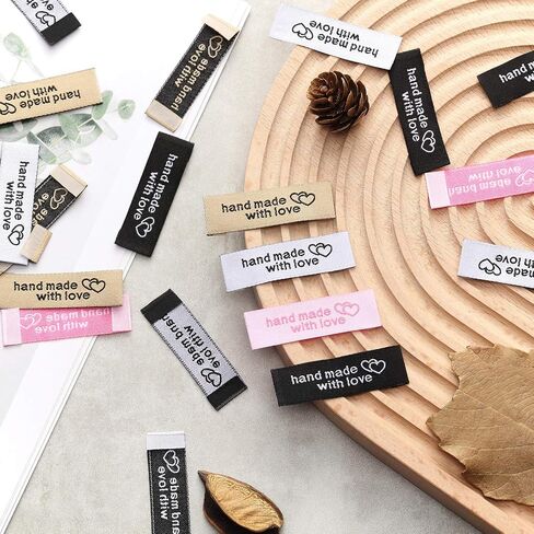 120 Pieces Personalized Sewing Labels Sew on Clothing Labels Handmade Interlocking Heart Pattern Label Tags for Handmade Items Clothes, White, Black, Pink, Brown in Kuwait