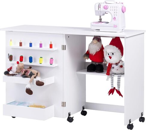 طاولة خياطة قابلة للطي من Vividwood، طاولة ماكينة خياطة متعددة الأغراض بتصميم مدمج، عجلات، أرفف، صناديق، أوتاد، أقفال مغناطيسية (بني ريفي) in Kuwait