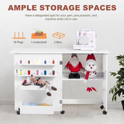 طاولة خياطة قابلة للطي من Vividwood، طاولة ماكينة خياطة متعددة الأغراض بتصميم مدمج، عجلات، أرفف، صناديق، أوتاد، أقفال مغناطيسية (بني ريفي) in Kuwait