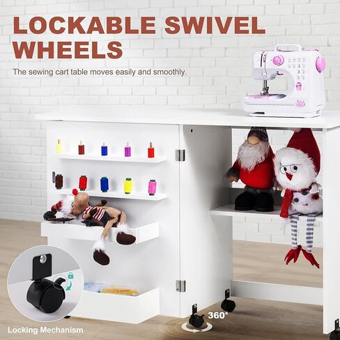 طاولة خياطة قابلة للطي من Vividwood، طاولة ماكينة خياطة متعددة الأغراض بتصميم مدمج، عجلات، أرفف، صناديق، أوتاد، أقفال مغناطيسية (بني ريفي) in Kuwait