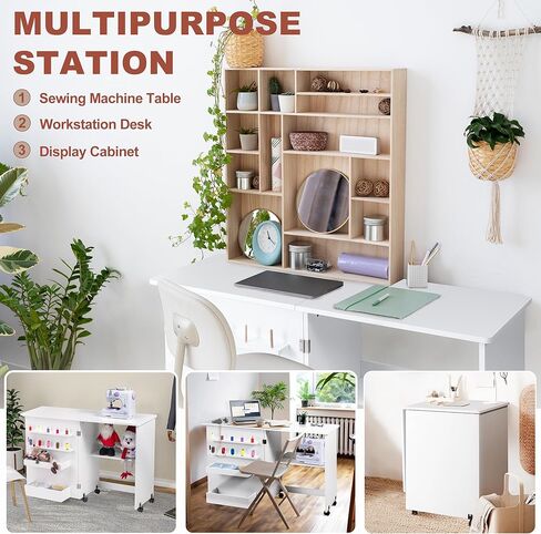 طاولة خياطة قابلة للطي من Vividwood، طاولة ماكينة خياطة متعددة الأغراض بتصميم مدمج، عجلات، أرفف، صناديق، أوتاد، أقفال مغناطيسية (بني ريفي) in Kuwait
