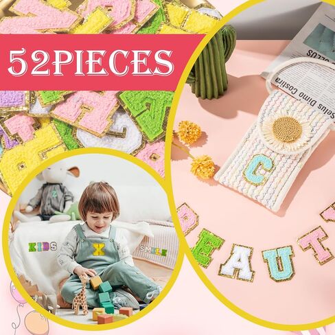 رقع حروف من الشنيل ذاتية اللصق 52 قطعة من الألف إلى الياء مع حقيبة تخزين بيضاء بحواف ذهبية لامعة حديد على الحروف أولية ملونة مخصصة مطرزة لملابس حقائب الظهر للهاتف المحمول بنفسك in Kuwait
