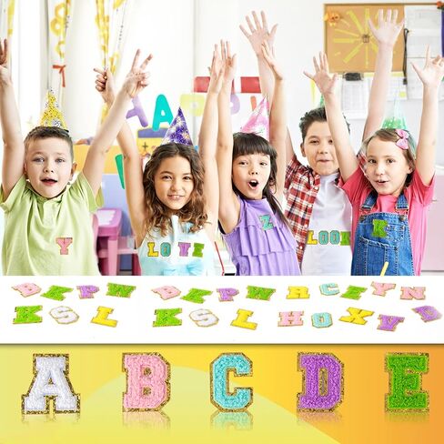 رقع حروف من الشنيل ذاتية اللصق 52 قطعة من الألف إلى الياء مع حقيبة تخزين بيضاء بحواف ذهبية لامعة حديد على الحروف أولية ملونة مخصصة مطرزة لملابس حقائب الظهر للهاتف المحمول بنفسك in Kuwait