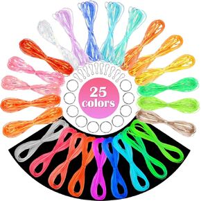 Lanyard String Kit, Cridoz 25 Bundles Gimp String Plastic Lacing Cord with 20pcs Snap Clip Hooks and Keyrings for Boondoggle Crafts, Bracelets and Lanyard Weaving (Laser & Glow in Dark)