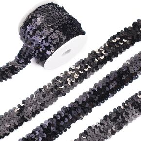 Elastic Sequin Ribbon Trim 1.6 Inch Wide Black Metallic Sequins Trim 5 Yards Stretch Lace Trim for Sewing Clothes Home Party Decoration