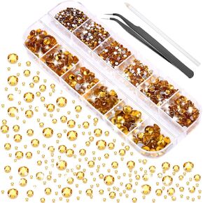 2000 Pieces Flat Back Gems Rhinestones 6 Sizes (1.5-6 Mm) Round Crystal Rhinestones with Pick up Tweezer and Rhinestones Picking Pen for Crafts Nail Clothes Shoes Bags DIY Art(Metallic Sunshine)