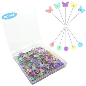 200pcs Sewing Pins Flat Head Straight Pins with Butterfly and Flower Colored Heads, Long 2.16inch Quilting Pins for Dressmaker, Craft, Sewing Project and DIY Decoration (Butterfly and Flower)