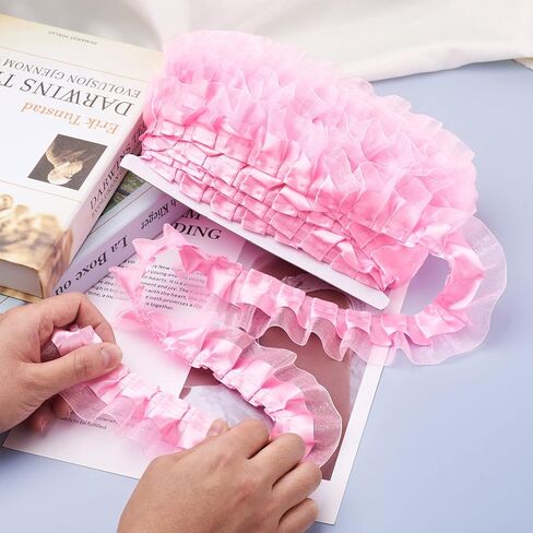 Pandahall 21.8 ياردة الساتان الأورجانزا الدانتيل حافة تقليم 2-طبقة كشكش الشيفون الشريط 1-5/8 بوصة الأبيض مطوي حواف الزركشة النسيج للقماش الخياطة المطرزة زين حفل زفاف الديكور in Kuwait