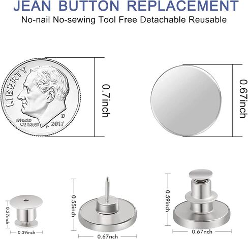 12 Sets Button Pins for Loose Jeans, No Sew Jean Buttons Replacement, Adjustable Metal Snap Tack for Reusable Pants Waist Tightener in Kuwait