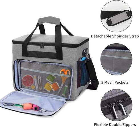 حقيبة ماكينة الخياطة من ويستيب، حقيبة ماكينة الخياطة مع جيوب متعددة وحزام كتف قابل للتعديل، حقيبة حمل عالمية متوافقة مع معظم ستاندرد سينجر وبراذر وجانوم والاكسسوارات، رمادي in Kuwait