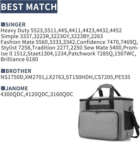 حقيبة ماكينة الخياطة من ويستيب، حقيبة ماكينة الخياطة مع جيوب متعددة وحزام كتف قابل للتعديل، حقيبة حمل عالمية متوافقة مع معظم ستاندرد سينجر وبراذر وجانوم والاكسسوارات، رمادي in Kuwait