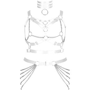 Plus Size Body Harness Fat Woman Girl Metal chain Full Hollow Out Cage Bra Leg Stockings Garter Belt Set Gothic Rave Clothing