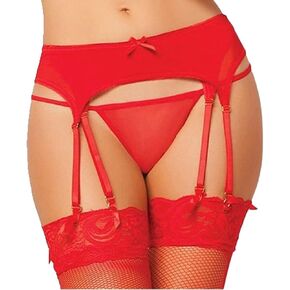 ROWAGY 2pcs Sexy Women High Waisted Garter Belt with Mesh Thong Lingerie Elastic Suspender Belt for Thigh High Stockings